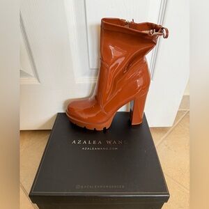 Azalea Wang Women's Caramel Patent Leather High Heel Platform Boots Brand New